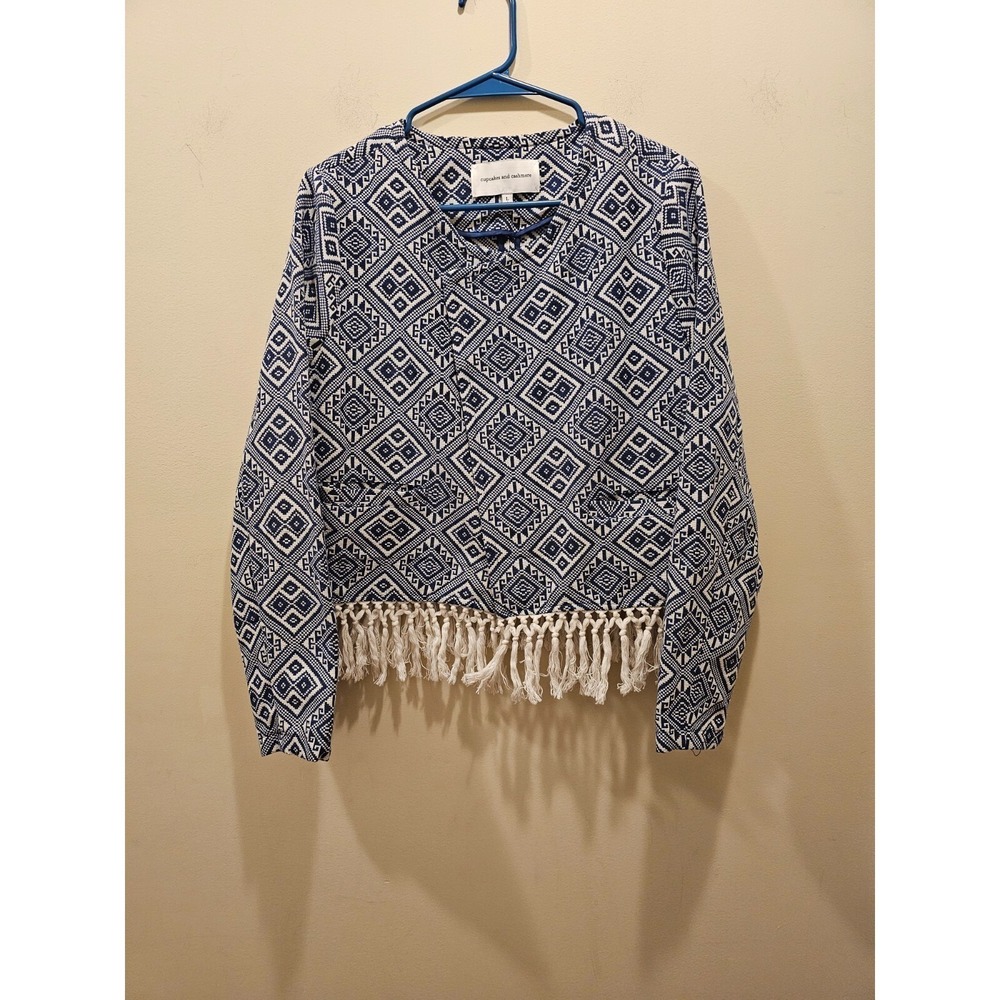 Cupcakes and Cashmere Jacket Womens L Blue Geometric Woven Fringe CG22859